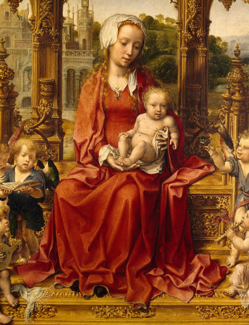 Madonna z Dzieciątkiem i anielscy muzycy, centralny panel Tryptyku Malvern autorstwa Jan (c.1472 c.1533) Gossaert