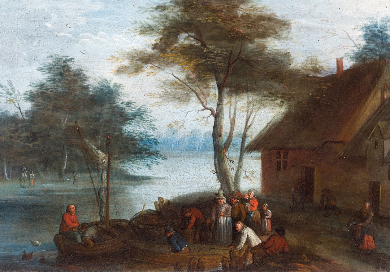 Krajobraz rzeczny z postaciami przy budynku wsiadającymi do łodzi autorstwa Jan (follower of) Brueghel
