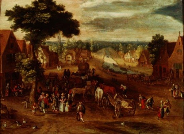Wioska z podróżnikami przed karczmą autorstwa Jan (follower of) Brueghel
