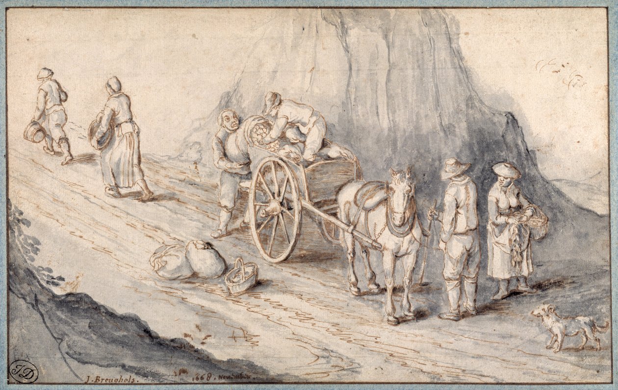 Chłopi ładujący jednokonny wóz z warzywami korzeniowymi (pióro i atrament z myciem na papierze) autorstwa Jan (follower of) Brueghel