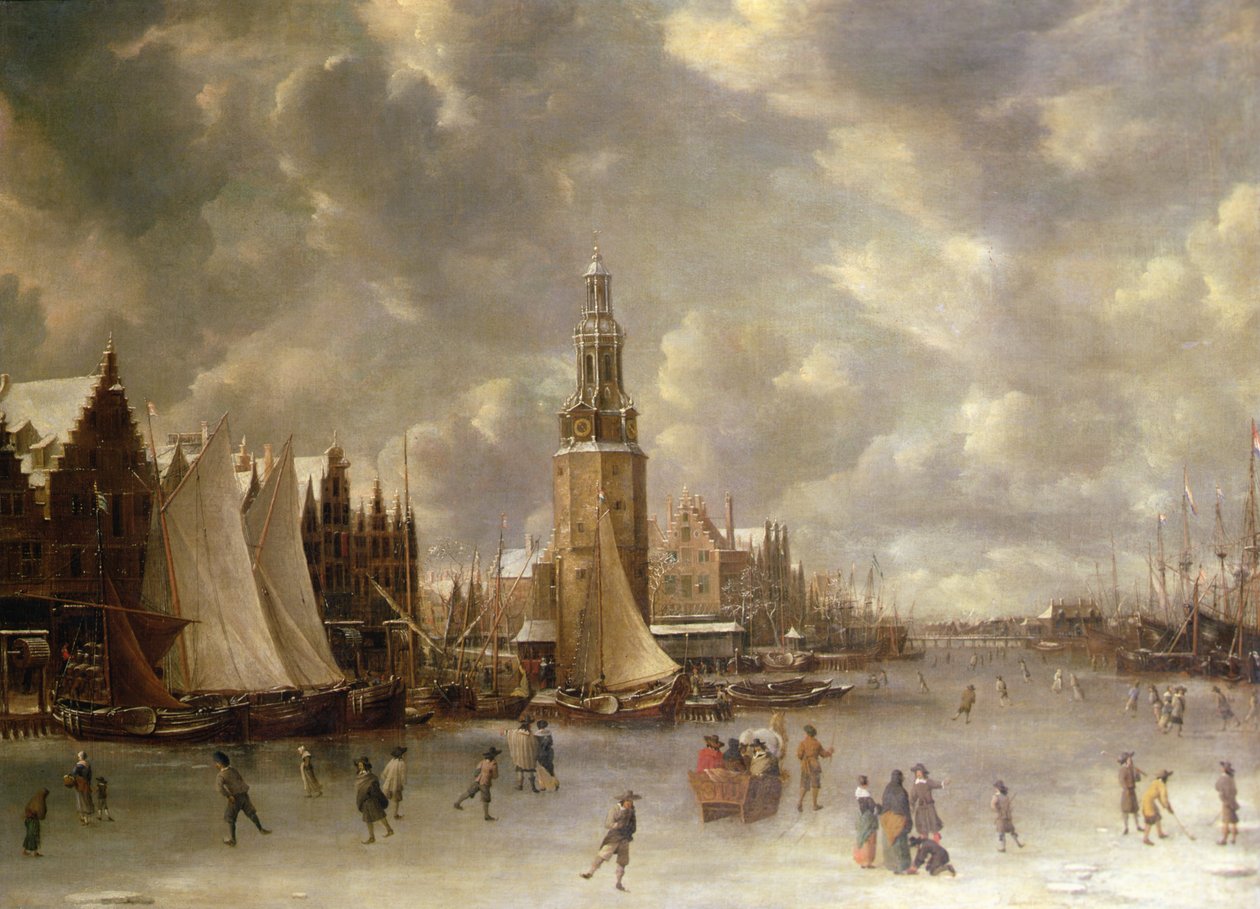 Pejzaż zimowy z Montelbaanstoren, Amsterdam (olej na płótnie) autorstwa Jan Abrahamsz. Beerstraaten