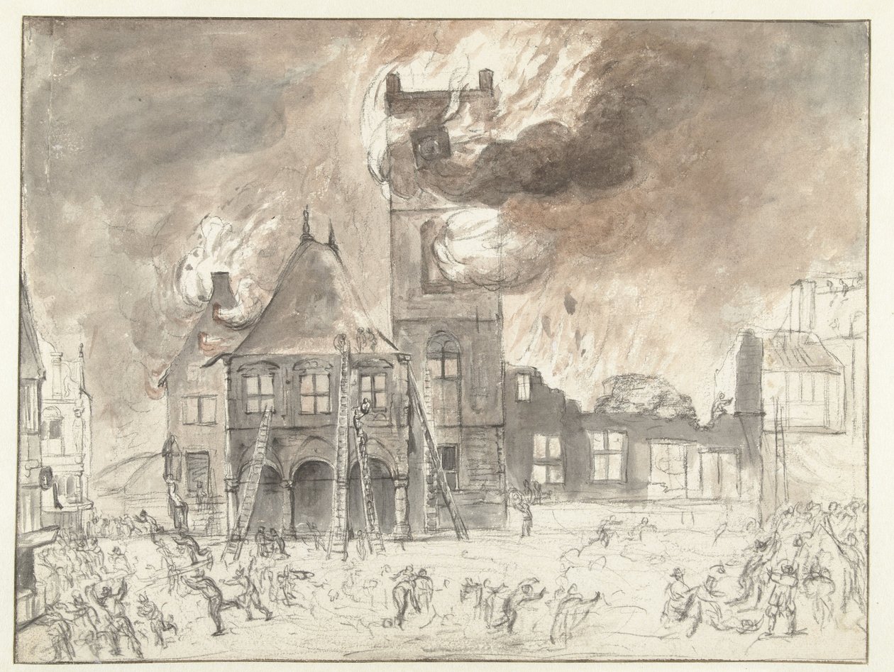 Pożar w starym ratuszu w Amsterdamie autorstwa Jan Abrahamsz. Beerstraten (possibly)