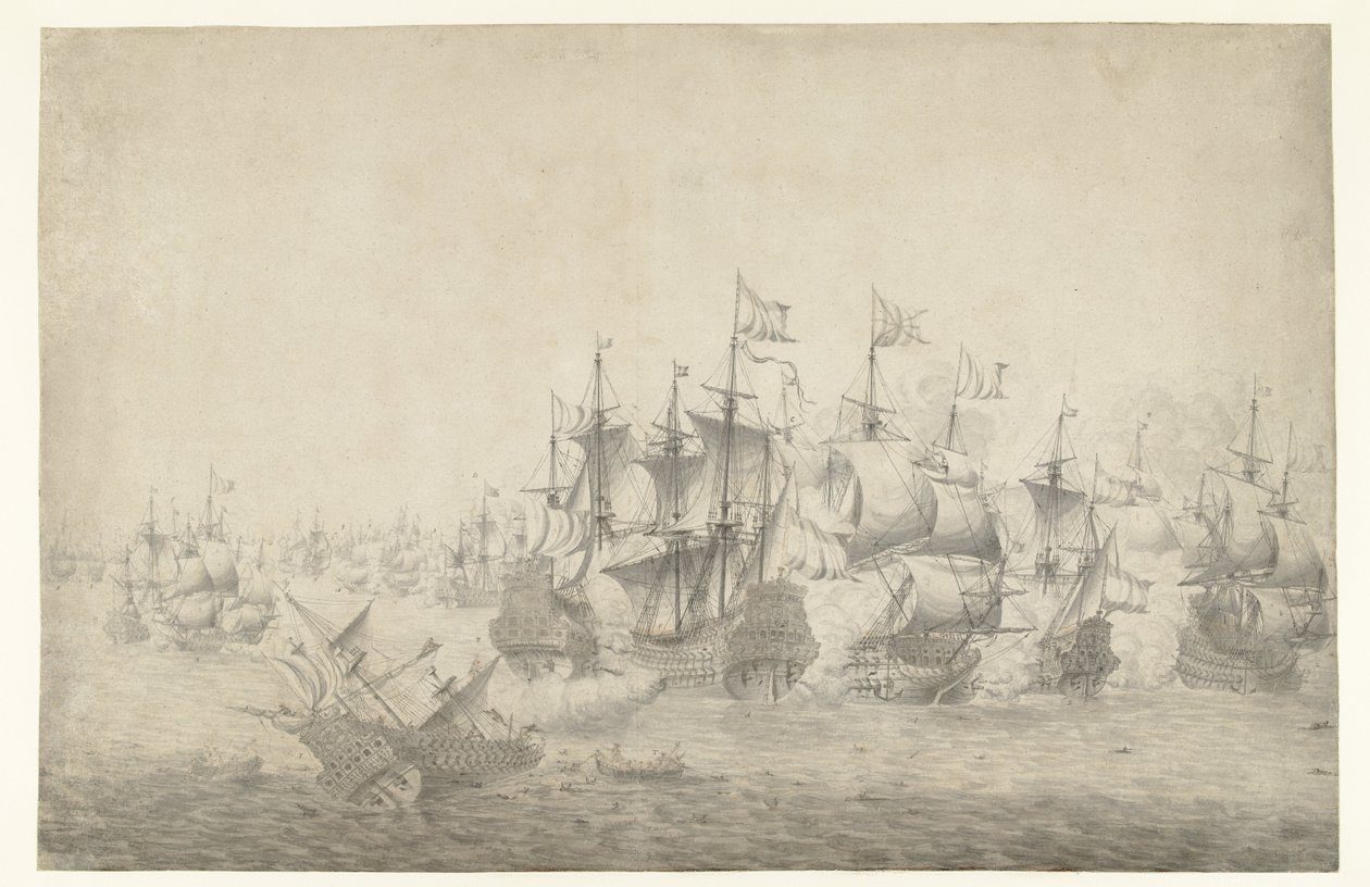 Bitwa morska, prawdopodobnie w Lowestoft 13 czerwca 1665 (lewa strona) autorstwa Jan Abrahamsz. Beerstraten (possibly)