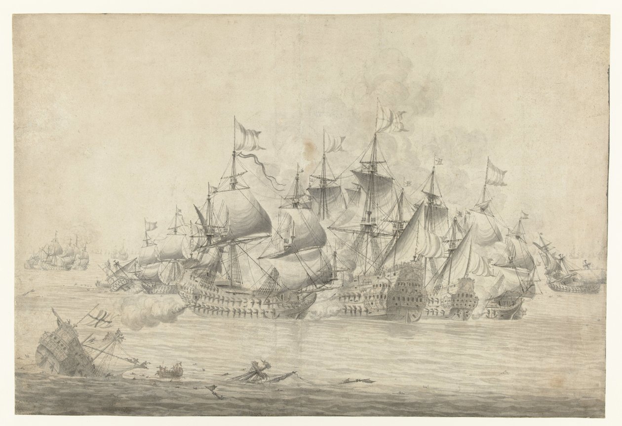 Bitwa morska, prawdopodobnie w Lowestoft 13 czerwca 1665 (prawa strona) autorstwa Jan Abrahamsz. Beerstraten (possibly)