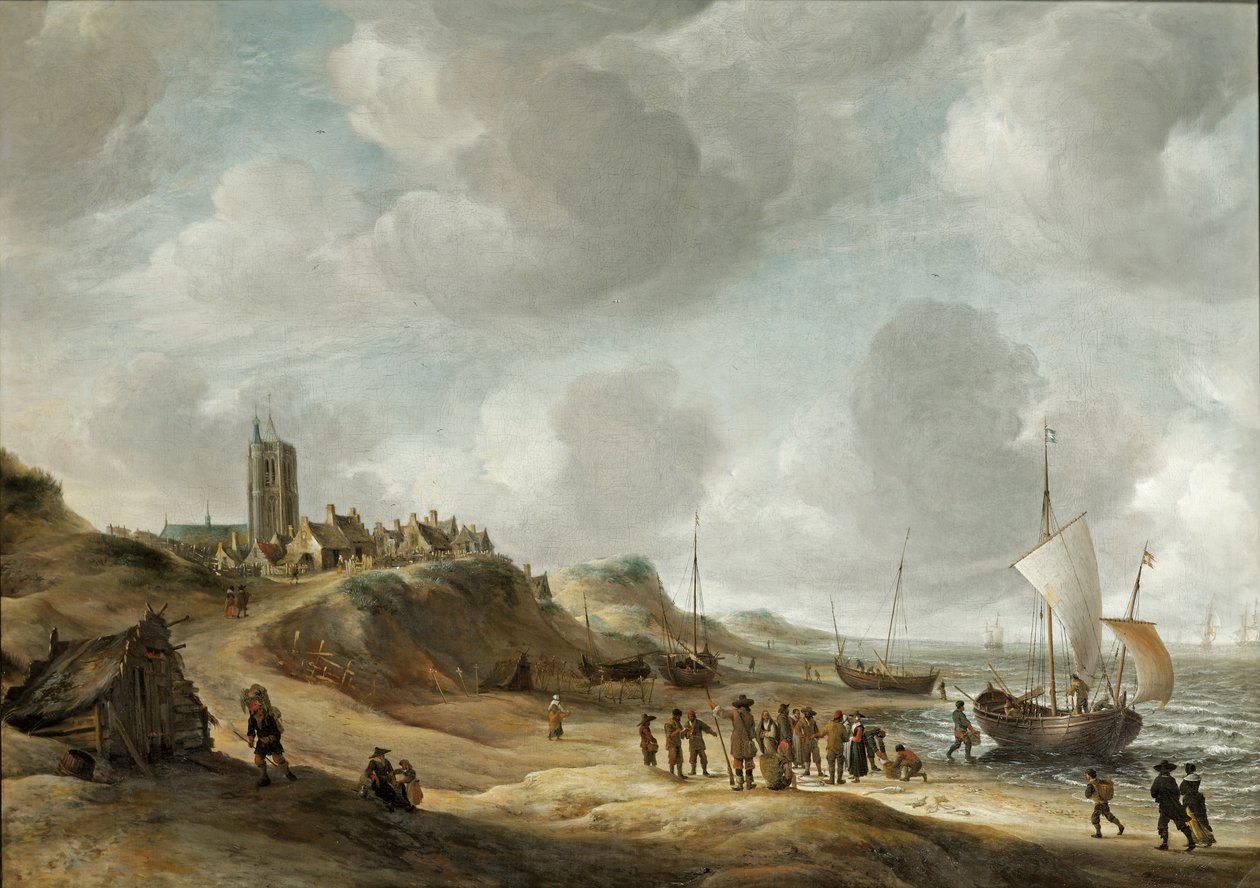 Widok na Egmond aan Zee z rybakami na plaży i żeglugę na morzu autorstwa Jan Abrahamsz. Beerstraten