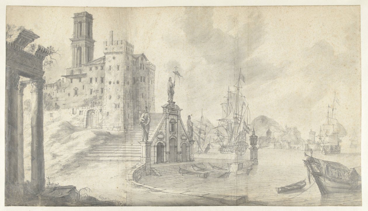 Widok na port w mieście nad Morzem Śródziemnym autorstwa Jan Abrahamsz. Beerstraten