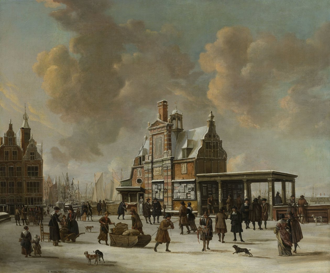 Paalhuis i Nieuwe Brug w Amsterdamie zimą autorstwa Jan Abrahamsz. Beerstraten