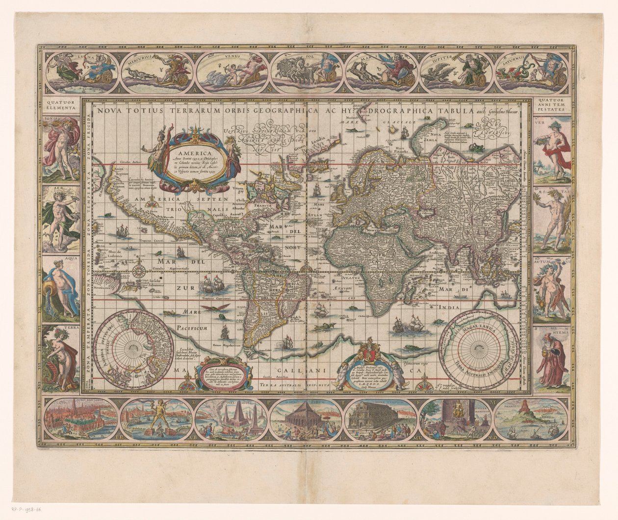 Wereldkaart spotkał się z dekoracyjnym randen Nowa mapa geograficzna i hydrograficzna całego świata autorstwa Jan Aertse van den Ende