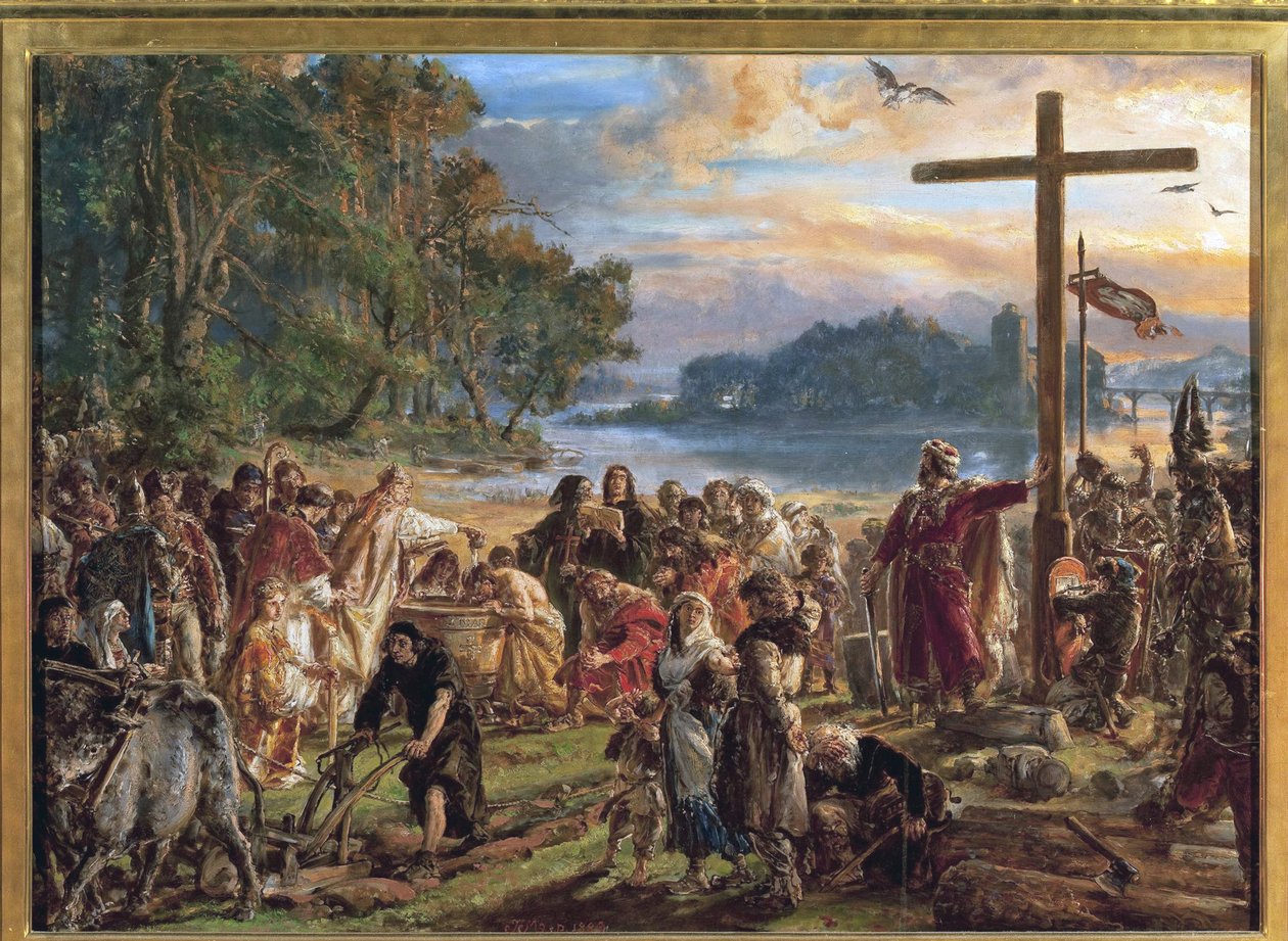 La chhristiannisation de la Pologne, 966 - Chrystianizacja Polski, 966. Z cyklu Historia cywilizacji w Polsce, Matejko, Jan Alojzy (1838-1893). Olej na drewnie autorstwa Jan Alojzy Matejko