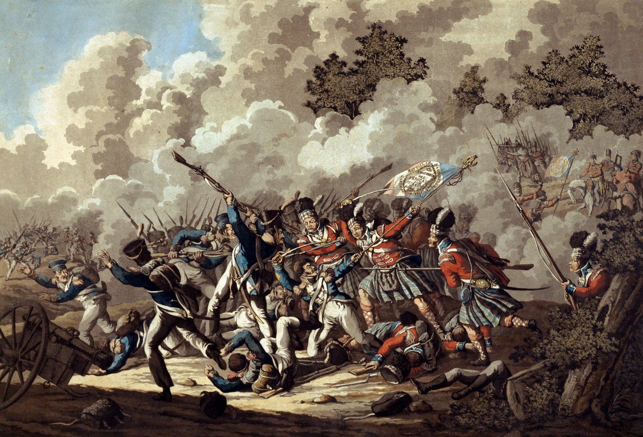 Klęska gwardii francuskiej przez górali, La Haye Sainte, podczas bitwy pod Waterloo, 1815 (kolorowa akwatinta) autorstwa Jan Anthonie Langendyk