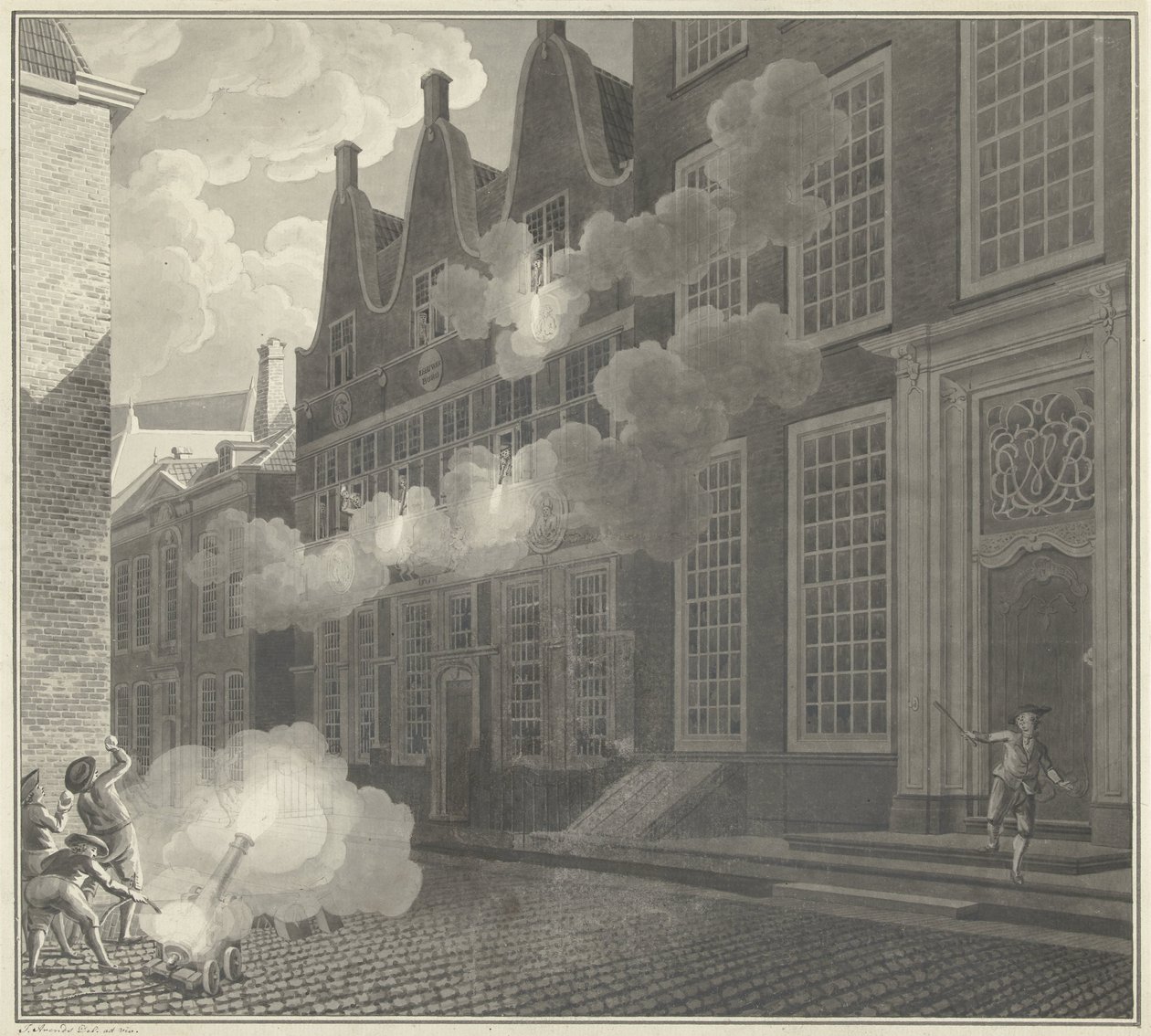 Ostrzał domu Lucasa van Stevenincka, 1787 autorstwa Jan Arends (signed by artist)