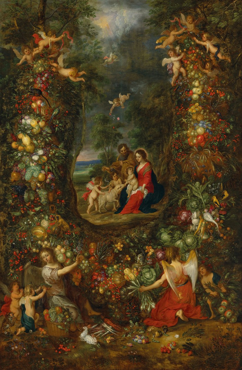 Święta Rodzina otoczona girlandą z owoców podtrzymywaną przez putta (olej na płycie) autorstwa Jan & Balen Hendrik van (1575-1632) Brueghel