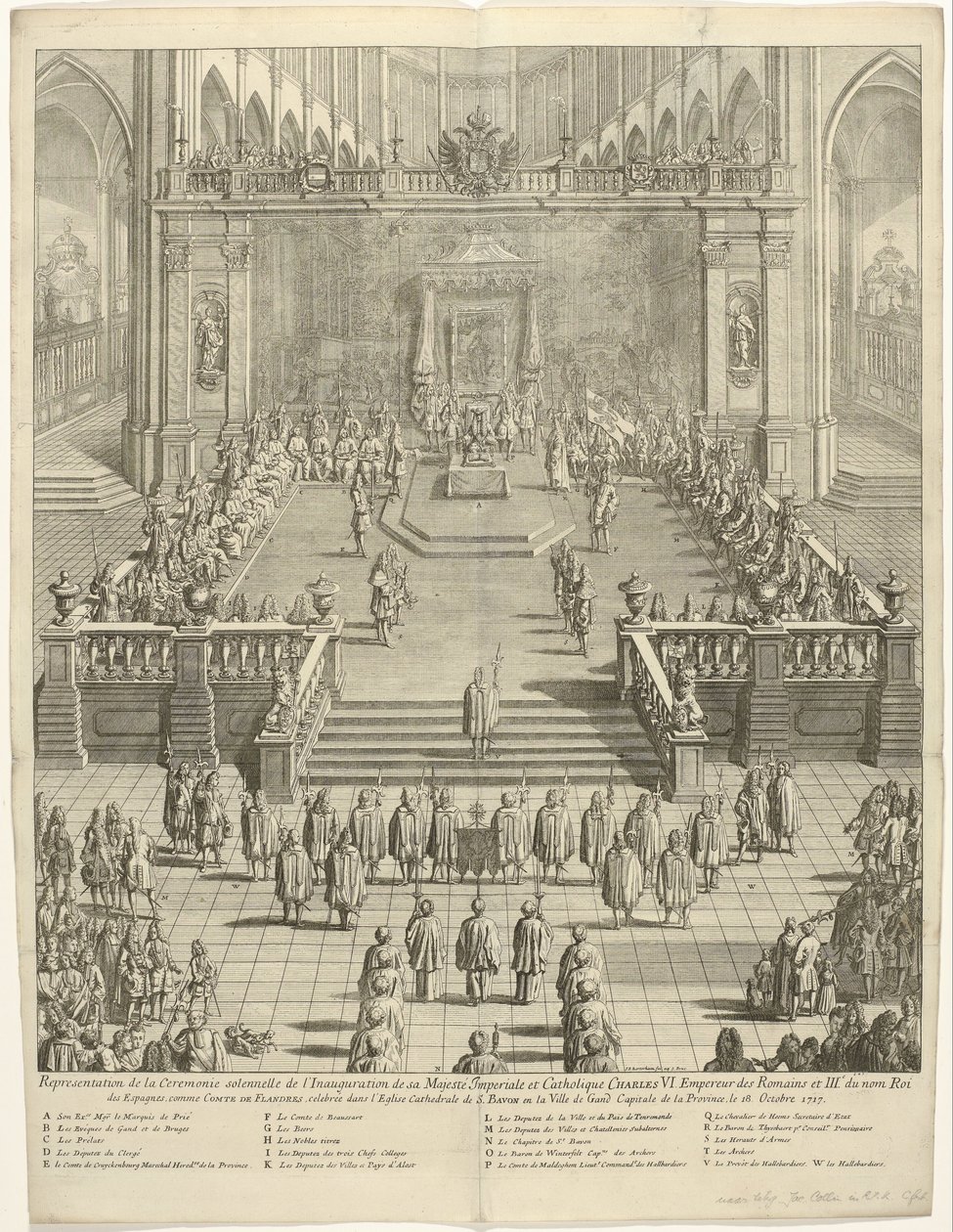 Przybywa van keizer Karel VI als graaf van Vlaanderen te Gent, 1717 Reprezentacja uroczystej ceremonii Inauguracji Jego Cesarskiej i Katolickiej Mości Karola VI. Cesarz Rzymian i III król Hiszpanii jako hrabia Flandii autorstwa Jan Baptist Berterham