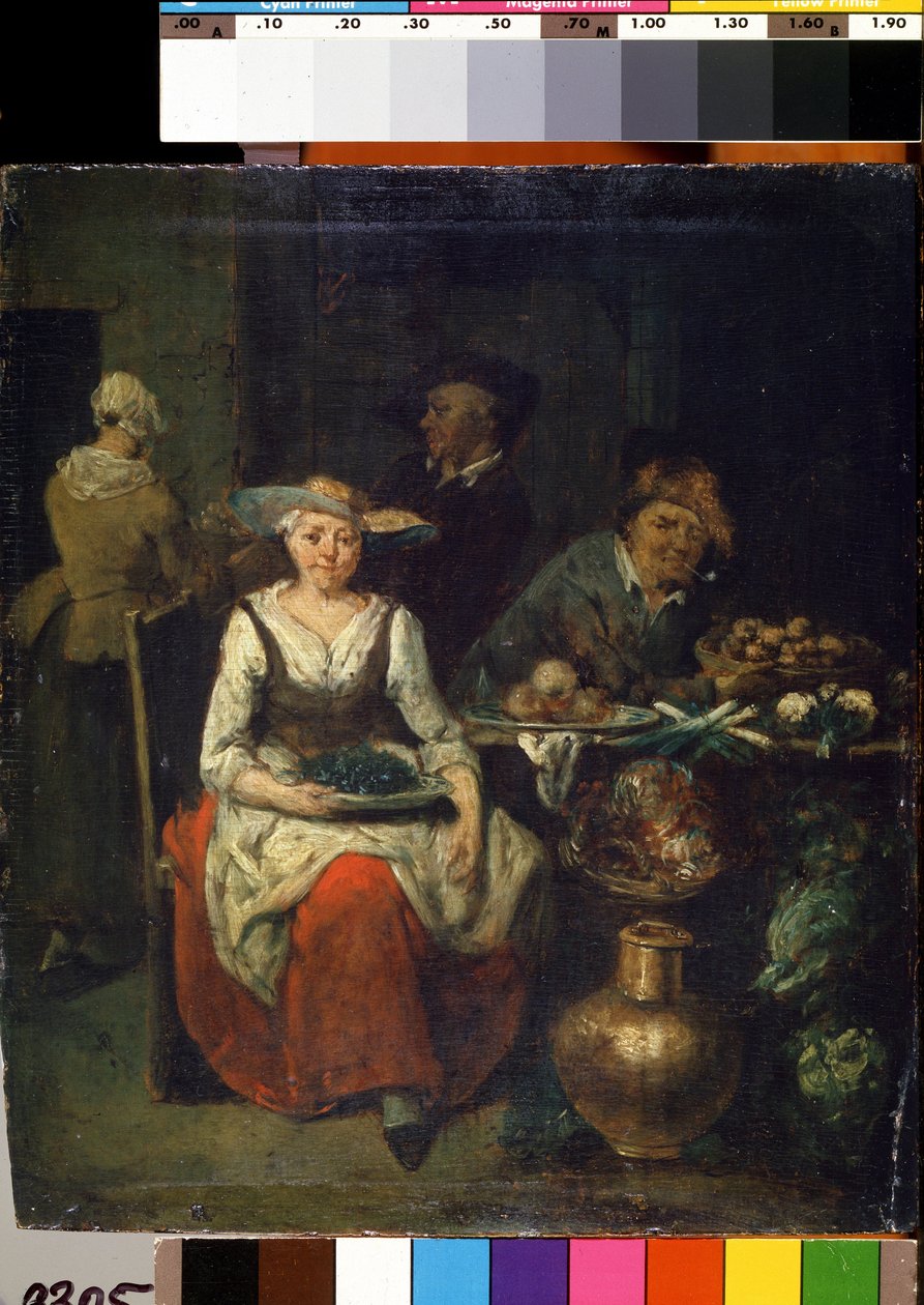 U sprzedawcy owoców i warzyw (U warzywniaka). Obraz Jana Baptysty Lambrechtsa (1680-1731). Sztuka flamandzka. Olej na drewnie. Państwowe Muzeum Sztuki M. Ciurlionisa, Kowno autorstwa Jan Baptist Lambrechts