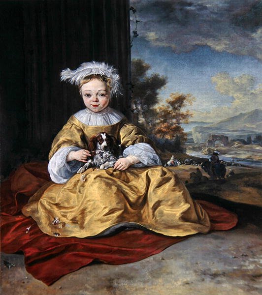 Dziecko w żółtej sukience trzymające psa (olej na płótnie) autorstwa Jan Baptist Weenix