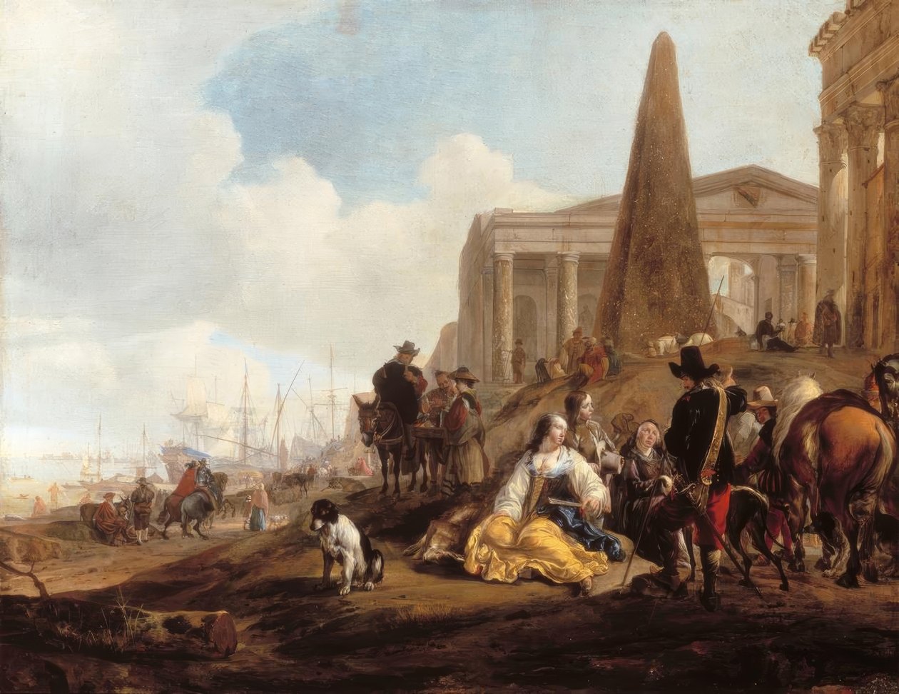Śródziemnomorska scena portowa z postaciami odpoczywającymi przed starożytnymi ruinami autorstwa Jan Baptist Weenix