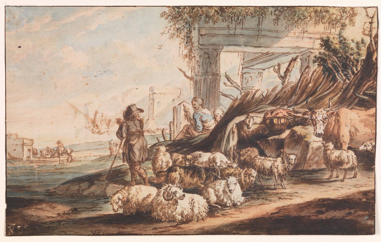 Pasterz ze stadem owiec i krową wśród ruin autorstwa Jan Baptist Weenix