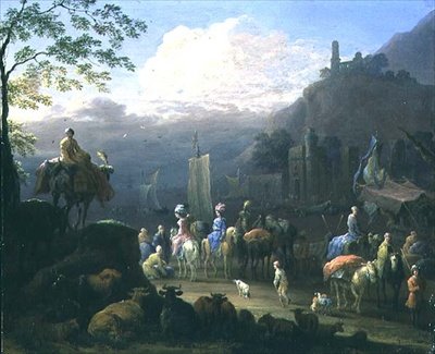 Grupa podróżników w pobliżu portu (olej na miedzi) autorstwa Jan Baptist van der Meiren