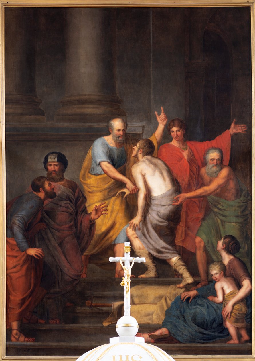 Widok wnętrza, ołtarz główny, obraz „Petrus i Johannes pomagają chromemu w świątyni”, Jan De Landtsheer autorstwa Jan Baptiste de Landtsheer