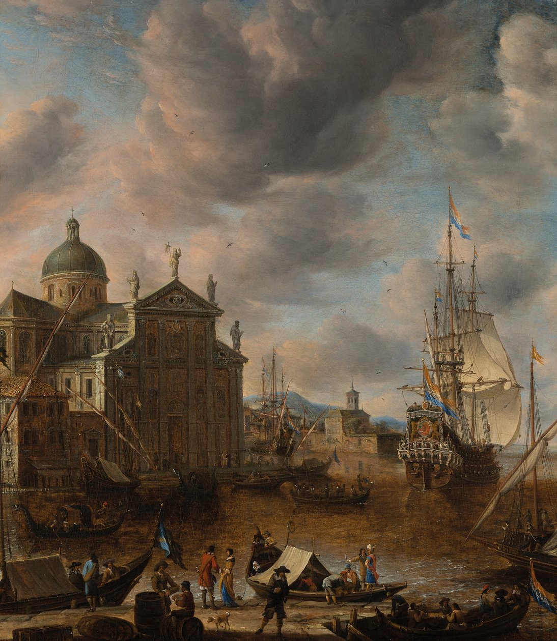 Śródziemnomorski port „capriccio” z postaciami rozmawiającymi na nabrzeżu i holenderskim trzymasztowcem cumującym dalej, 1665 autorstwa Jan Beerstraten