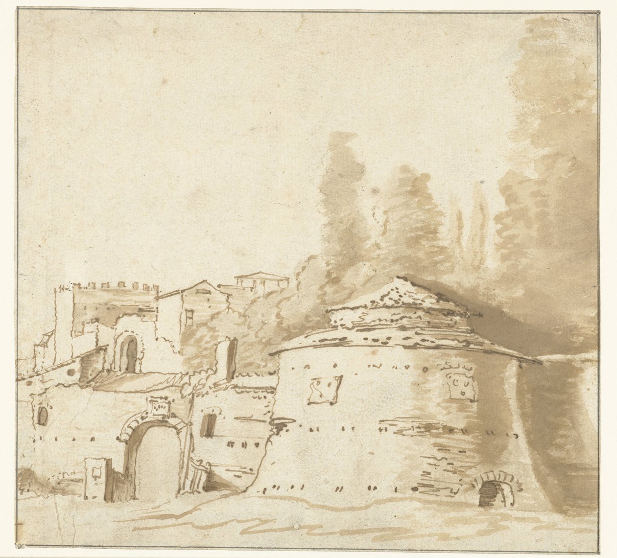 Włoski budynek z ciężką okrągłą wieżą autorstwa Jan Both (attributed to)