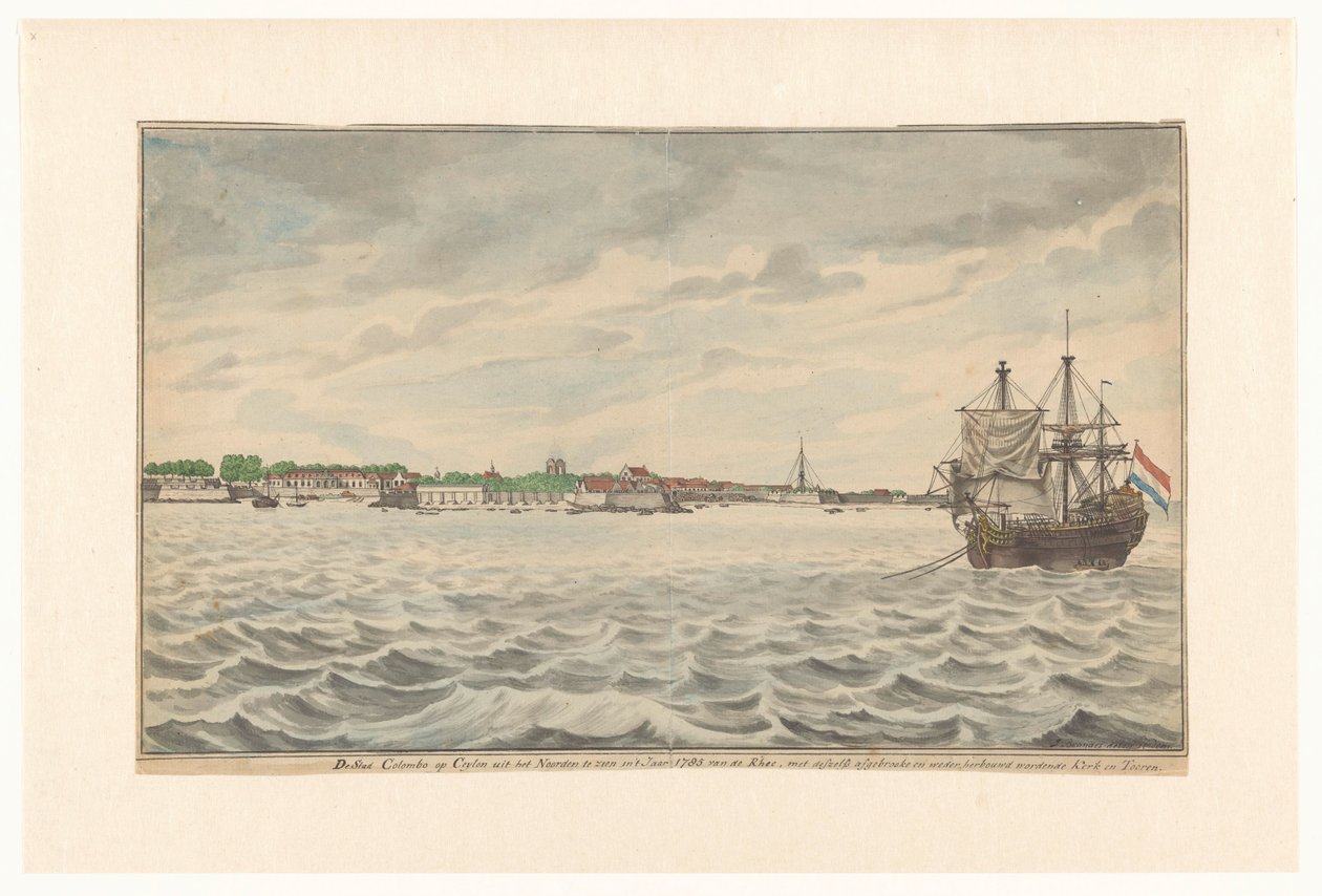 Miasto Kolombo na Cejlonie widziane od północy w roku 1785 z dróg, z wyburzonym kościołem i wieżą, które były odbudowywane. (tytuł na obiekcie) autorstwa Jan Brandes (signed by artist)