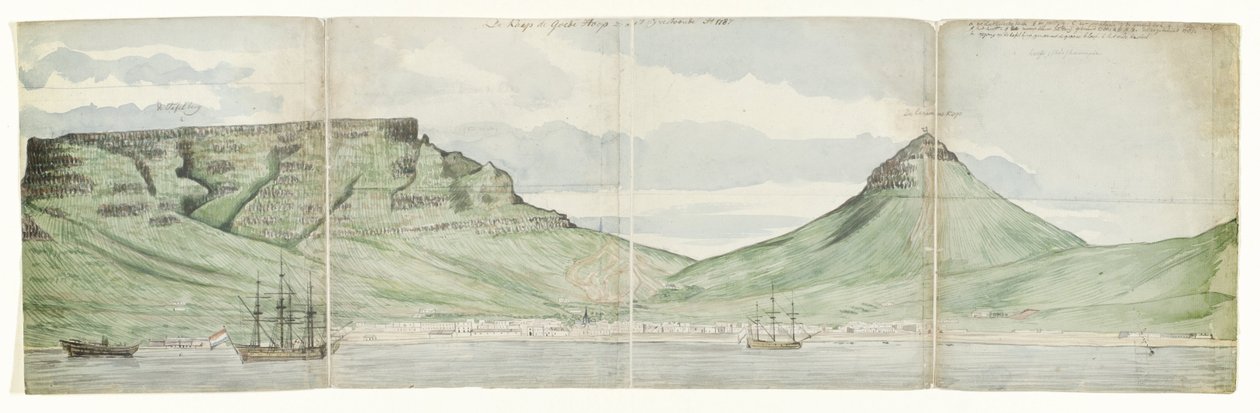 Góra Stołowa i Kapsztad widziane z morza Przylądek Dobrej Nadziei, jak się pojawił Ao. 1787 (tytuł na obiekcie) autorstwa Jan Brandes