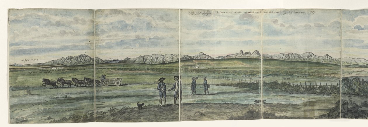 Panorama Hottentotów Holandia Kaapsche Bergen od Przylądka na Północ rozciągającego się od Baay fals do Tygerbergu w poprzek. 1787 (tytuł na obiekcie) autorstwa Jan Brandes
