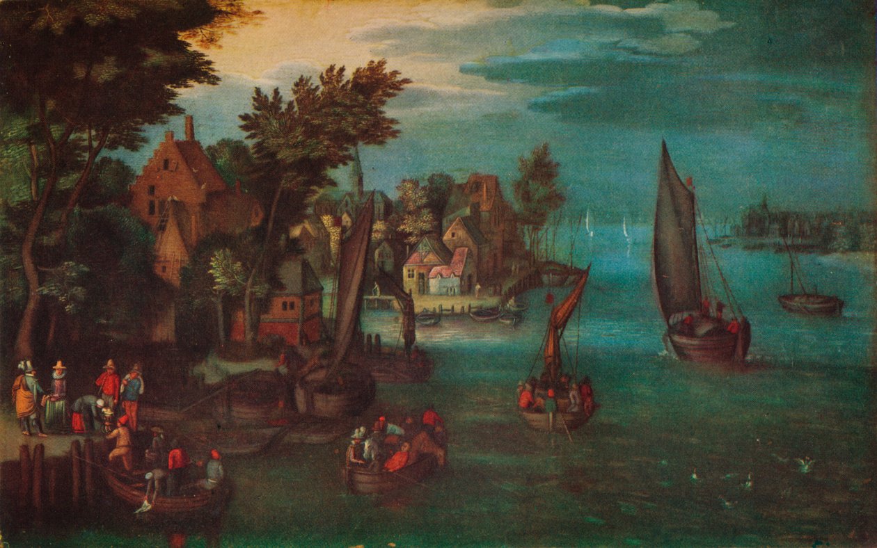 „Scena ruchliwa rzeczna z holenderskimi statkami i promem”, c1605 autorstwa Jan Bruegel The Elder