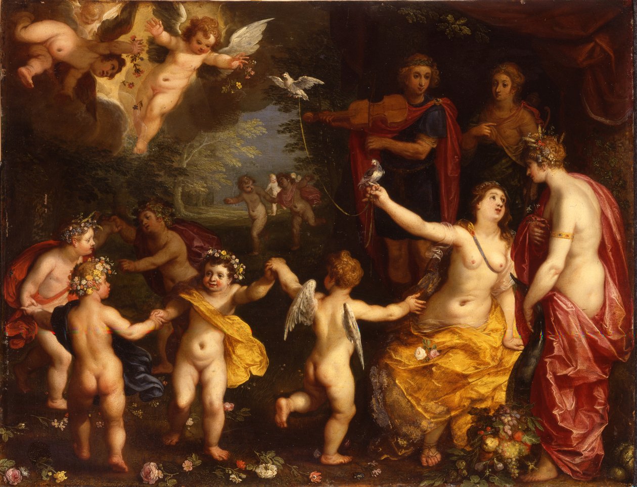 Alegoria miłości: Wenus trzymająca parę uwiązanych gołębi, z Ceres, Apollo i Dianą, w otoczeniu tańczących puttów, w krajobrazie autorstwa Jan Brueghel the Elder