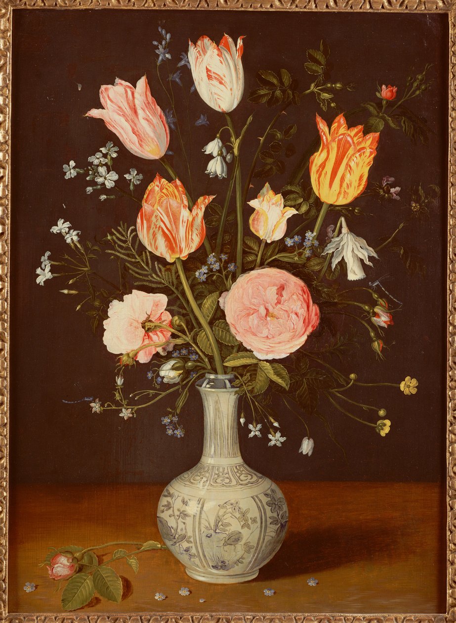 Tulipany, róże, niezapominajki i inne kwiaty w niebiesko-białym wazonie z późnego Ming autorstwa Jan Brueghel the Elder