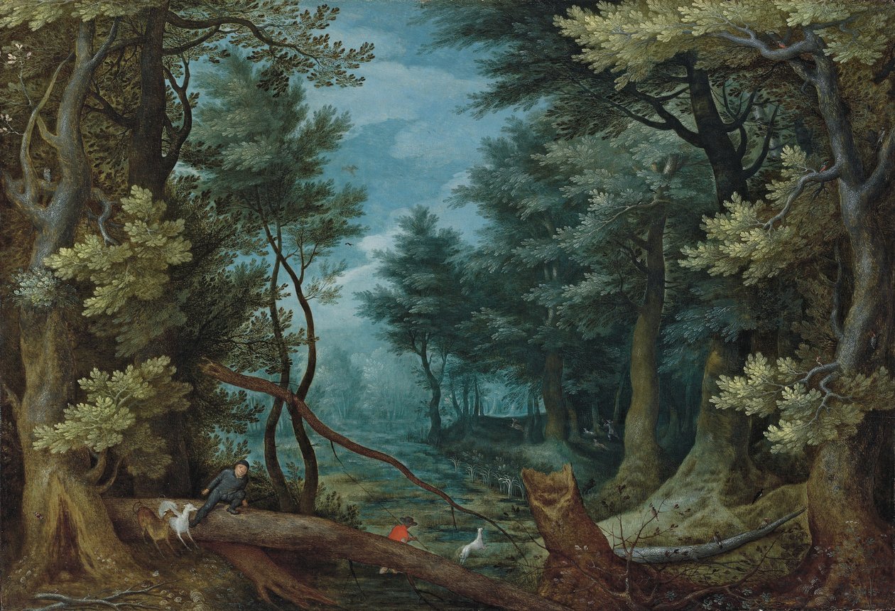 Leśny krajobraz z myśliwymi ścigającymi jelenia autorstwa Jan Brueghel the Elder