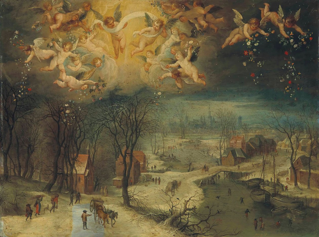 Zimowy krajobraz z wieśniakami zbierającymi drewno i łyżwiarzami na zamarzniętej rzece..., pierwsza tercja 17 autorstwa Jan Brueghel the Elder