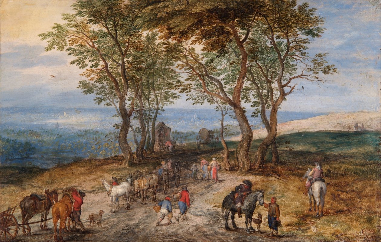 „Scena na wiejskiej drodze z postaciami: mężczyzna modlący się w sanktuarium”, c1610 autorstwa Jan Brueghel the Elder