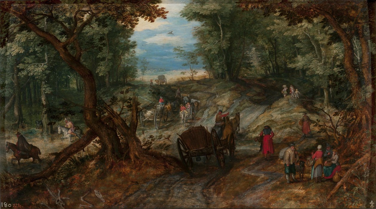 Las z wozami przekraczającymi strumień i jeźdźcami autorstwa Jan Brueghel the Elder