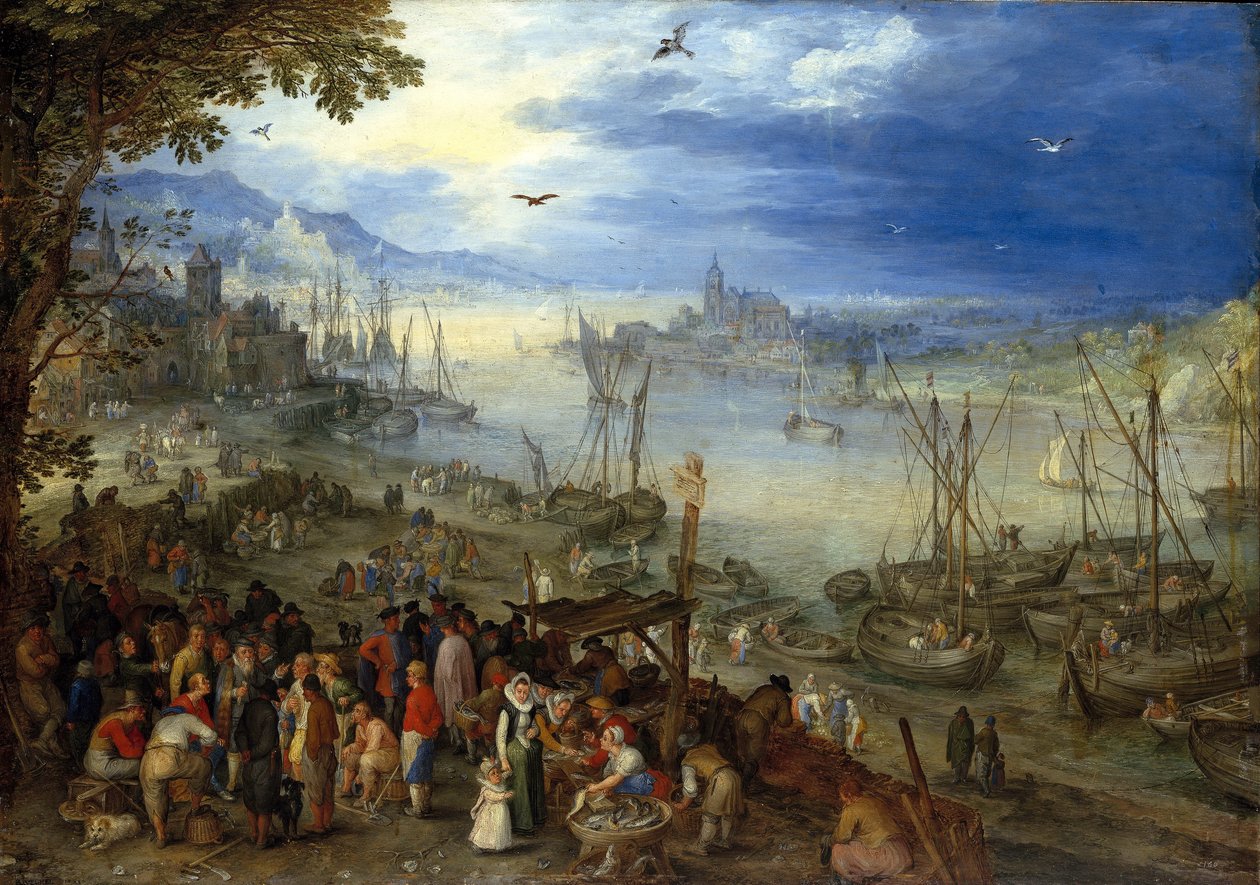 niemiecki: Fischmarkt am Ufer eines Flusses Targ rybny nad brzegiem rzeki autorstwa Jan Brueghel the Elder
