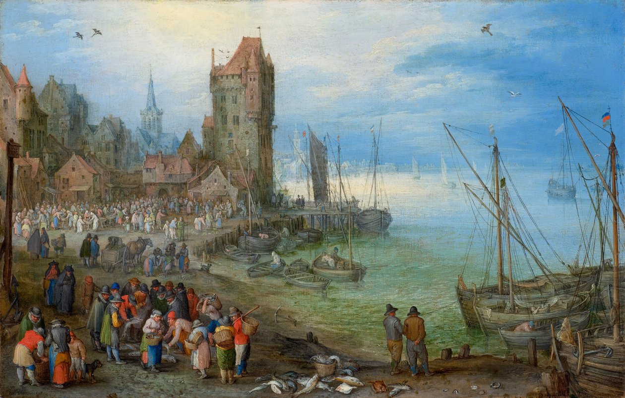 Scena portowa z targiem rybnym autorstwa Jan Brueghel the Elder