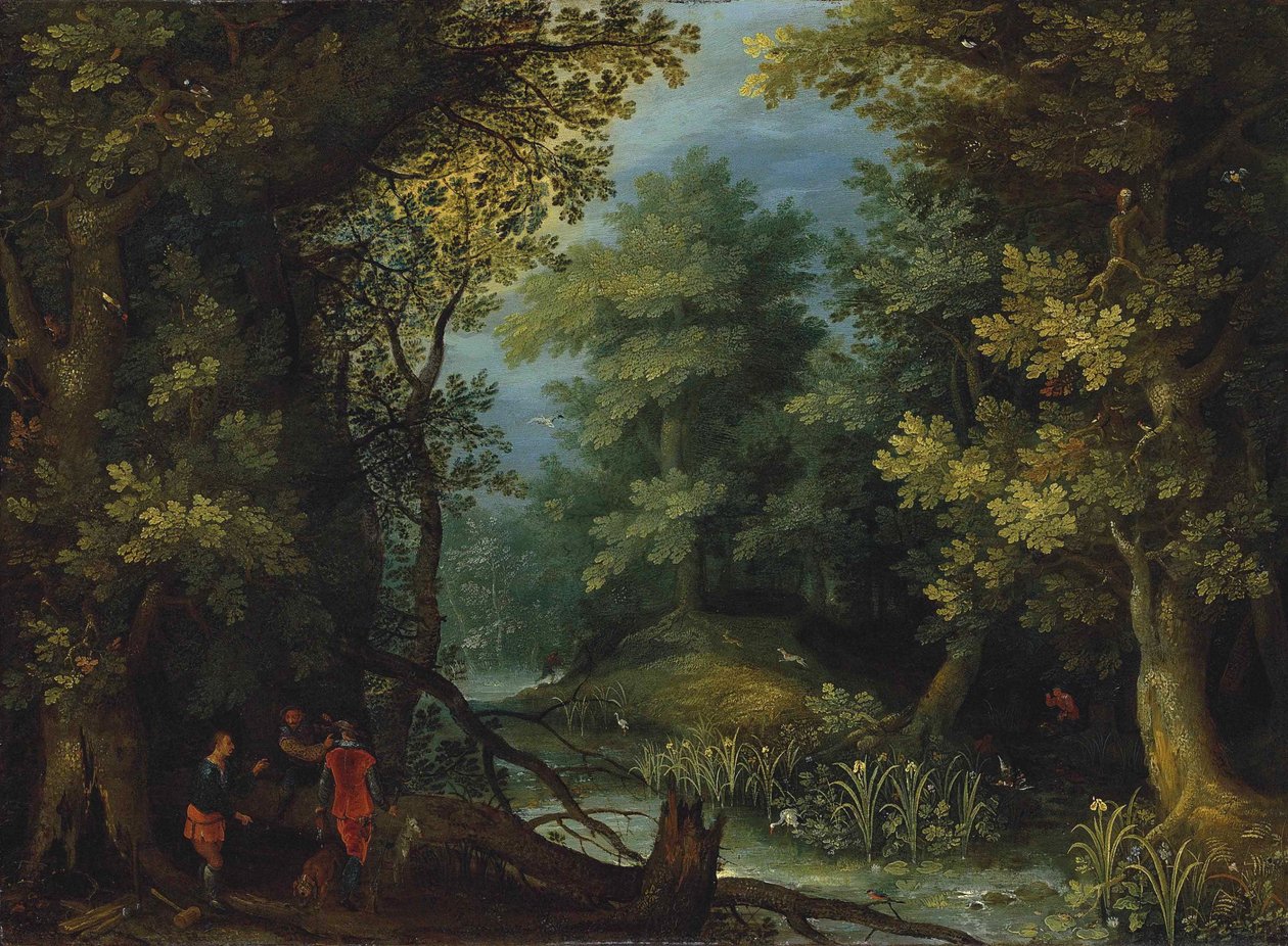 Myśliwi z psami przy strumieniu w zalesionym krajobrazie autorstwa Jan Brueghel the Elder