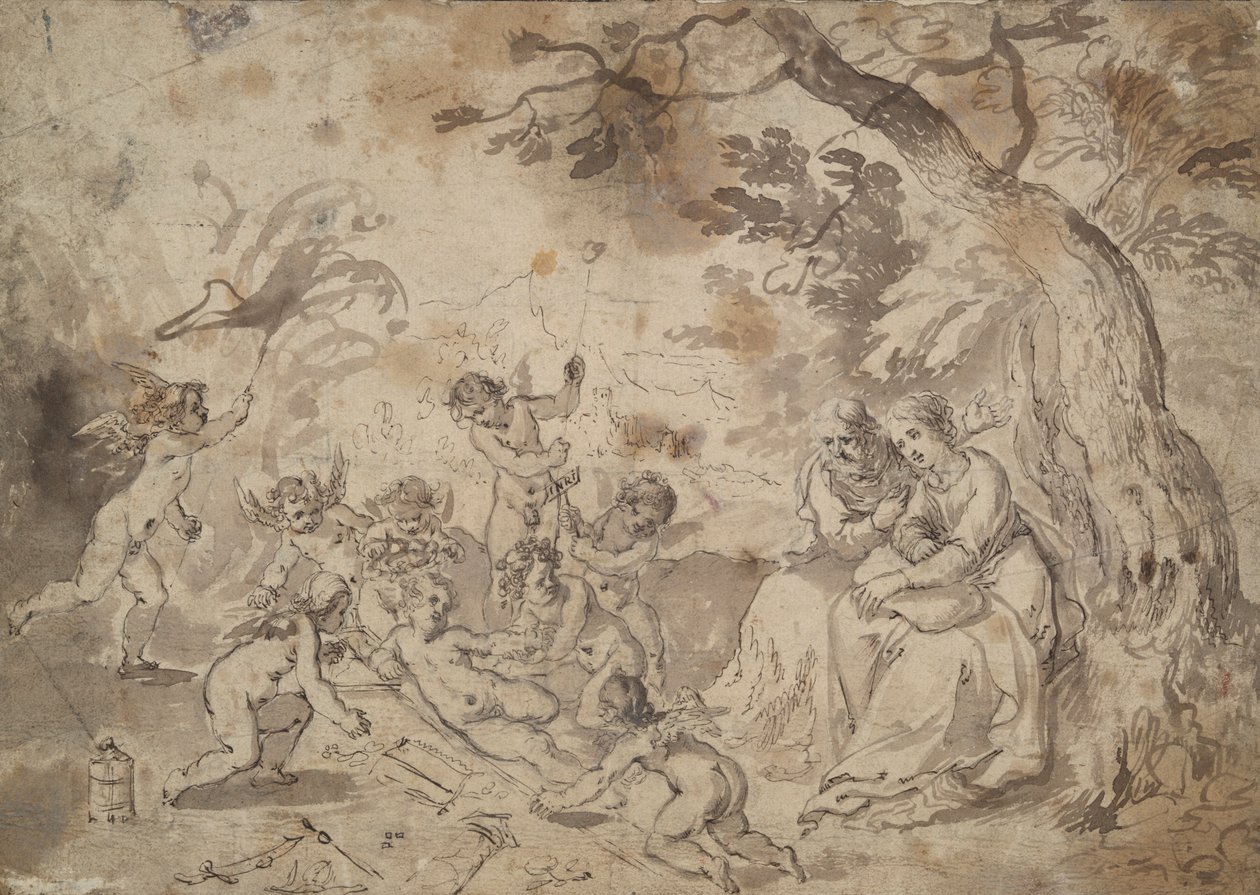 Maryja Panna i św. Józef i Dzieciątko Jezus, św. Jan i aniołowie grający na instrumentach pasyjnych autorstwa Jan Brueghel the Elder