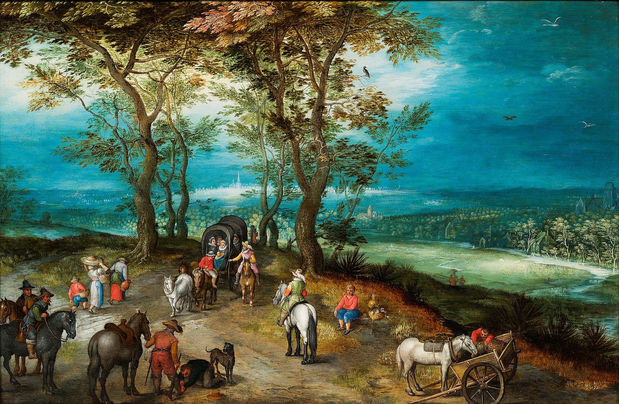 Rozległy krajobraz z wozem konnym i podróżnymi na drodze autorstwa Jan Brueghel the Younger