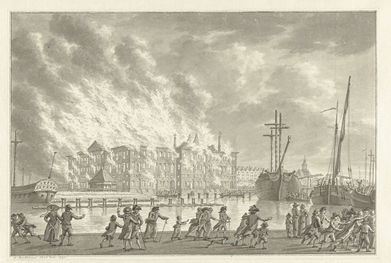 Pożar na ziemiach Zeemagazijn, 1791 autorstwa Jan Bulthuis (signed by artist)