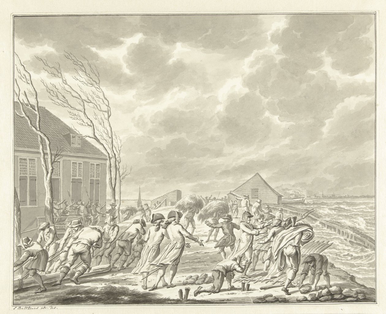 Powódź Diemerzeedijk pod Amsterdamem, 1776 r. autorstwa Jan Bulthuis (signed by artist)