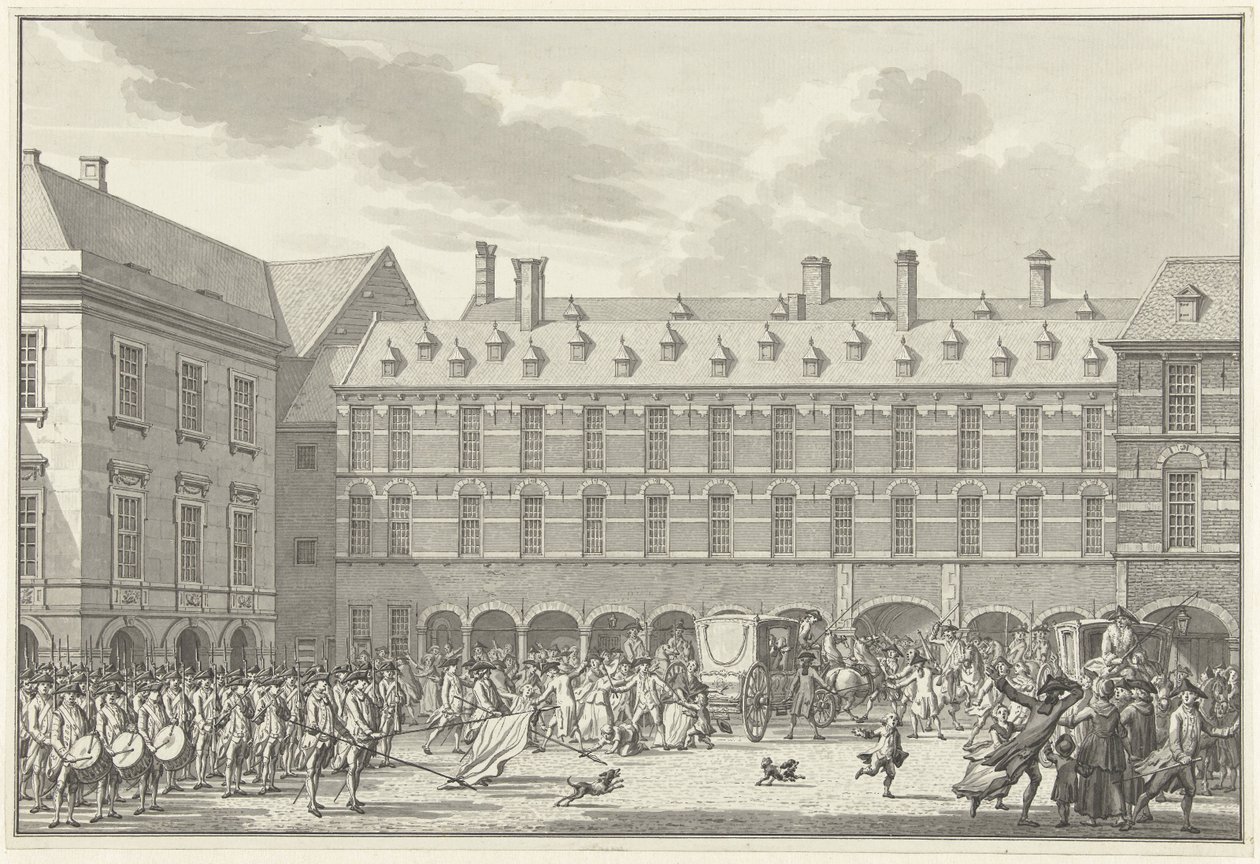 Niepokoje, gdy Deputowani Dordrechtu przejeżdżają przez Stadhouderspoort na Binnenhof, 1786 autorstwa Jan Bulthuis