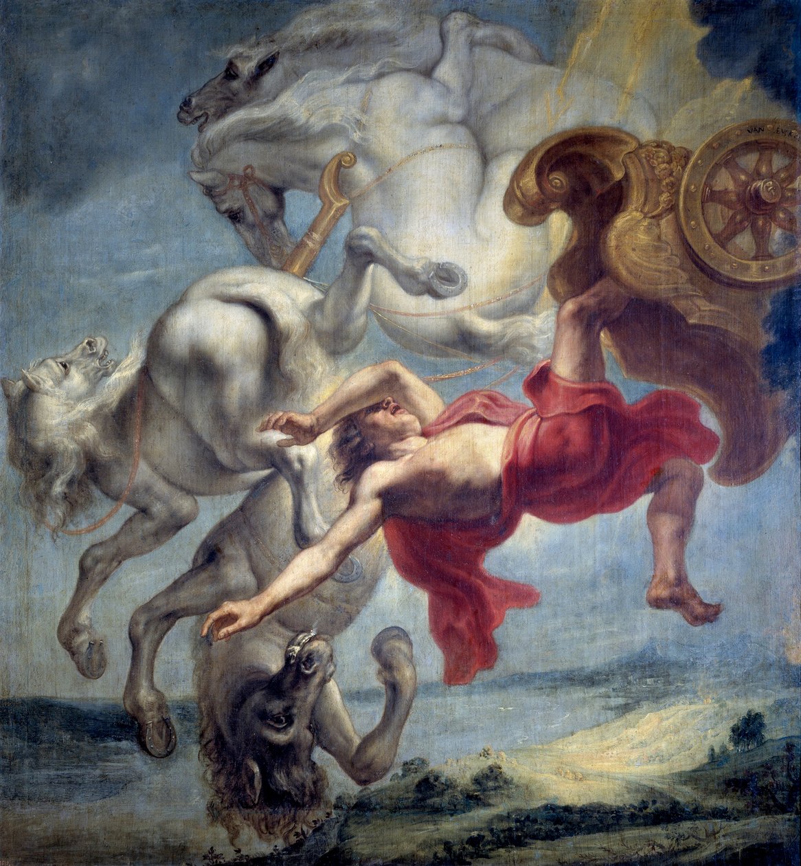 Upadek Faetona: niezdolny do opanowania rydwanu Heliosa, Faeton (Faeton) zostaje powalony przez Zeusa i wpada do rzeki Eridan (Upadek Faetona) - Obraz Jana Carela van Eycka (1649-około 1690), Olej na płótnie, koniec XVII wieku, wym: 197x18 autorstwa Jan Carel van Eyck