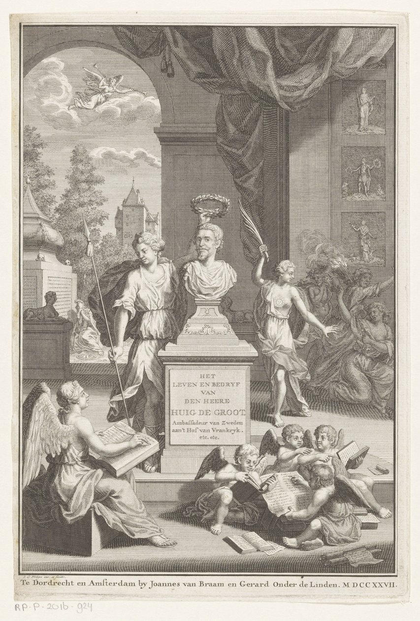 Popiersie Hugo de Groota wychwalane przez Victorię Życie i działalność pana Huig de Groot (tytuł na obiekcie) Strona tytułowa dla: Caspar Brandt i Adriaan van Cattenburg, Historia życia pana Huig de Groot, 1727 autorstwa Jan Caspar Philips