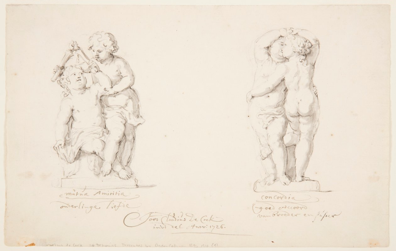 Rysunek, projekty dla grupy rzeźbiarskiej: "Przyjaźń", "Porozumienie", 1726 r. autorstwa Jan Claudius de Cock