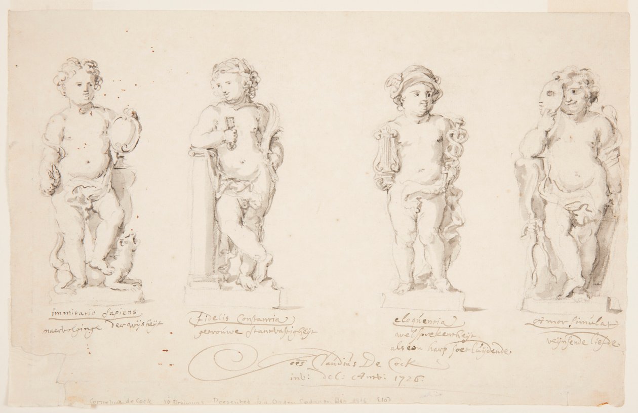 Rysunek, projekty statuetek: "Mądrość". "Stałość". "Elokwencja". "Kupidyn w przebraniu", 1726 r. autorstwa Jan Claudius de Cock