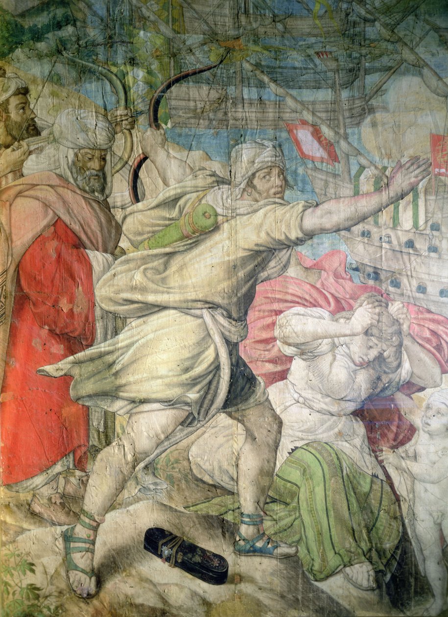 Kampania Karola V przeciwko Turkom, fragment łucznika z Zdobycia La Goletty, 1535 (węgiel i wc na papierze) autorstwa Jan Cornelisz Vermeyen