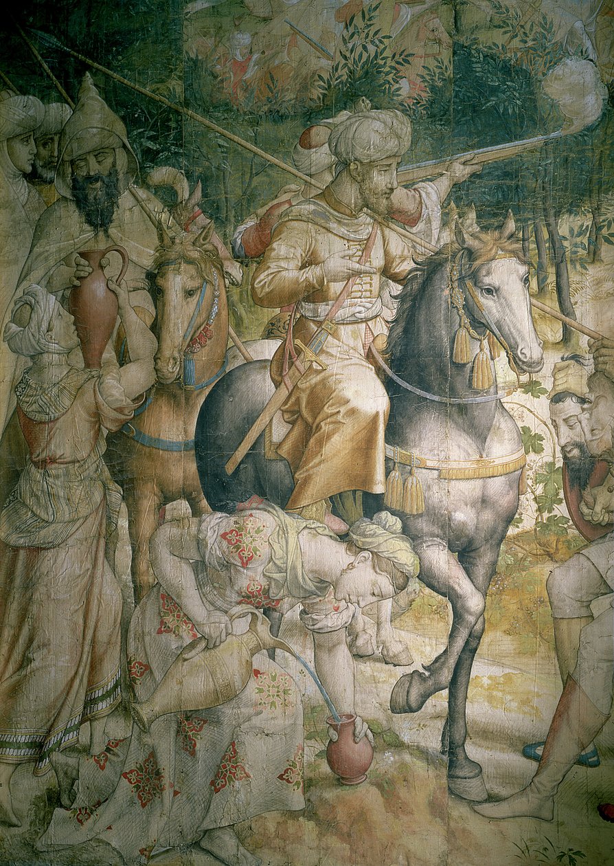 Kampania cesarza Karola V przeciwko Turkom pod Tunisem w 1535 r.: klęska Turków w bitwie pod Golettą, fragment kawalerii gaszącej pragnienie, rysunek węgla drzewnego do gobelinu i toaleta autorstwa Jan Cornelisz Vermeyen