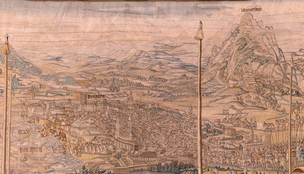 Flamandzki gobelin. Seria Podbój Tunisu; Przegląd wojsk w Barcelonie (La revista de las tropas en Barcelona). Drugi gobelin w serii. Model Jan Vermeyen i Pieter Coecke van Aelst. 1543-1548. Produkcja Real Fábrica de Tapices de Sant autorstwa Jan Cornelisz Vermeyen